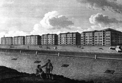Een uitzicht op de pakhuizen en West-Indische dok, 1803 door English School